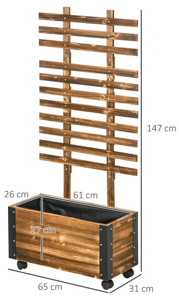 Vyvýšený zahradní záhon Outsunny s treláží, dřevěný květináč s treláží, zahradní záhon na kolečkách 65x31x147cm pro zahradu, pro popínavé rostliny a k