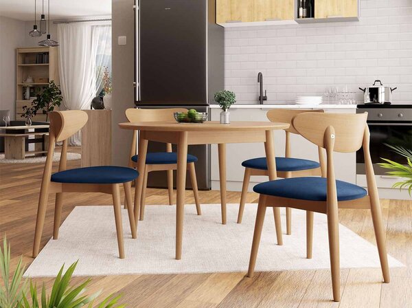 Kulatý jídelní stůl 100 cm se 4 židlemi OLMIO 1 - přírodní dřevo / modrý