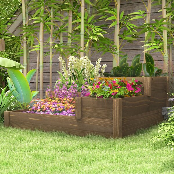 Zvýšený záhon Outsunny s 3 úrovněmi, květinová bedna pro bylinky na terase a balkoně, jedlové dřevo, hnědá, 122 x 122 x 51 cm | Aosom