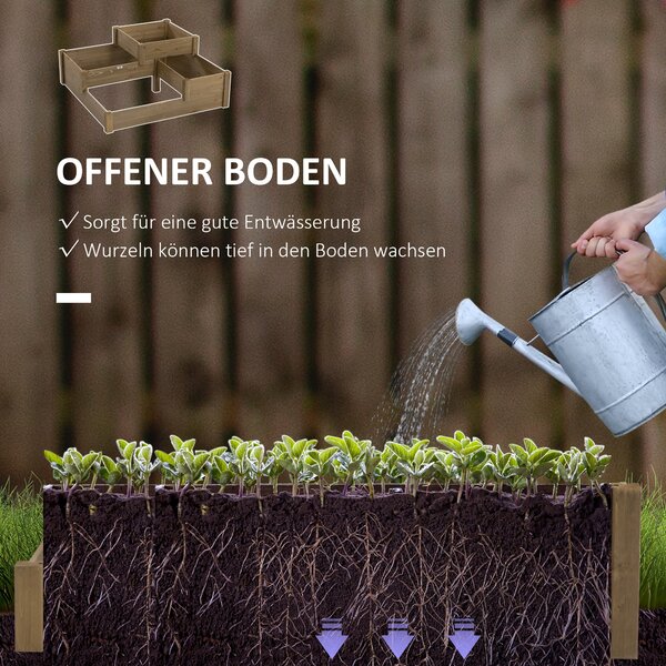 Zvýšený záhon Outsunny s 3 úrovněmi, květinová bedna pro bylinky na terase a balkoně, jedlové dřevo, hnědá, 122 x 122 x 51 cm | Aosom