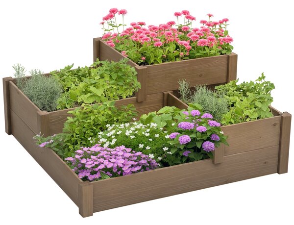 Zvýšený záhon Outsunny s 3 úrovněmi, květinová bedna pro bylinky na terase a balkoně, jedlové dřevo, hnědá, 122 x 122 x 51 cm | Aosom