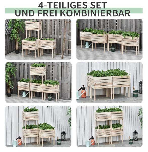 Outsunny 4-dílný Zvednutý Záhon Dřevěný Plantážní Box 4 Kombinační Módy do Zahrady a Na Balkon 50 x 30 x 60 cm Přírodní | Aosom