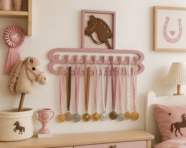 Z rodinné dílny Dřevěný věšák na medaile Hobby Horse – svítící dekorace do pokoje