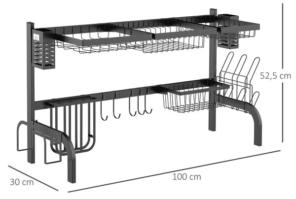 HOMCOM Sušák na nádobí, dvoupatrový stojan na nádobí s háčky, stojan na talíře, příslušenství, 100 cm sušák na nádobí pro dřez, ocel, černý | Aosom