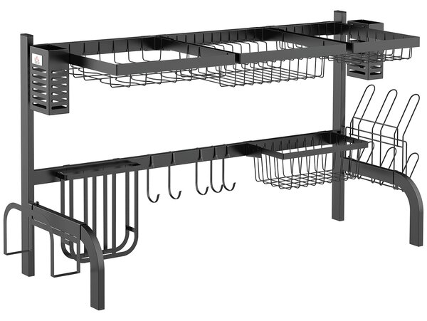 HOMCOM Sušák na nádobí, dvoupatrový stojan na nádobí s háčky, stojan na talíře, příslušenství, 100 cm sušák na nádobí pro dřez, ocel, černý | Aosom