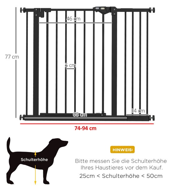 Bezpečnostní brána PawHut pro dveře se 14 cm prodloužením - brána bez vrtání pro schody, šířka 74-94 cm, otáčivá na obě strany, kovová černá | Aosom