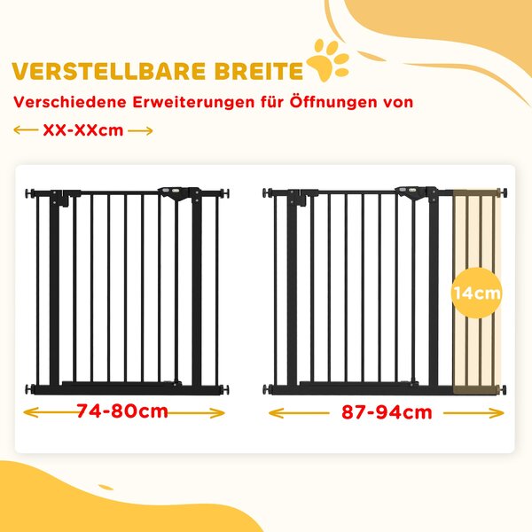 Bezpečnostní brána PawHut pro dveře se 14 cm prodloužením - brána bez vrtání pro schody, šířka 74-94 cm, otáčivá na obě strany, kovová černá | Aosom