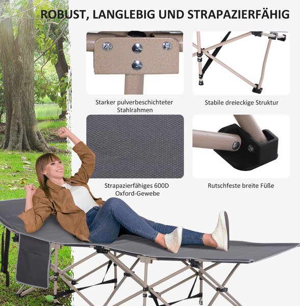 Skládací kempovací postel Outsunny s transportním pytlem 190 x 68 x 52 cm do 150 kg pro dospělé, skládací postel pro vnitřní a venkovní použití | Aoso