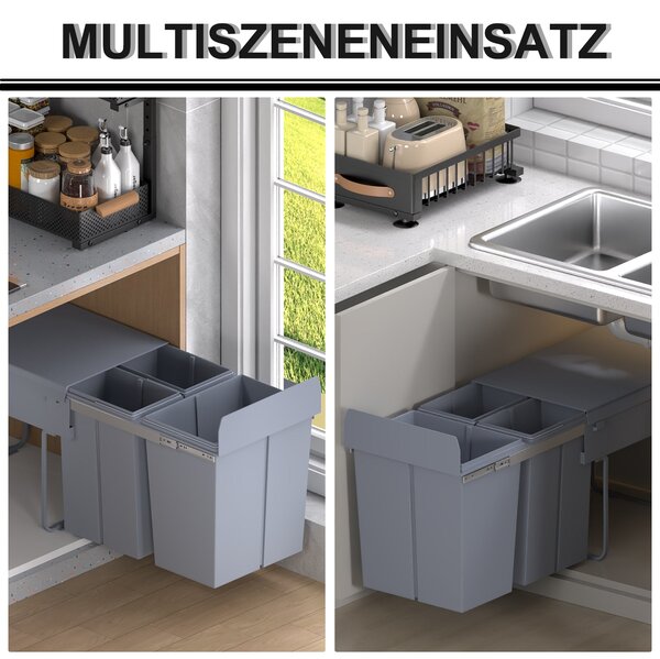 HOMCOM Systém na třídění odpadu 1 x 20L + 2 x 10L Vestavěný odpadkový koš se 3 oddíly Vytahovací systém pro třídění odpadu pro instalaci do spodní skř