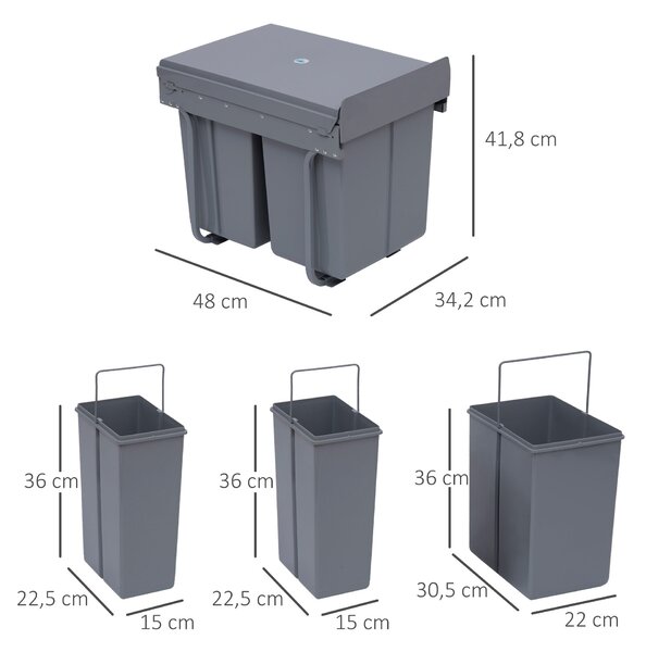HOMCOM Systém na třídění odpadu 1 x 20L + 2 x 10L Vestavěný odpadkový koš se 3 oddíly Vytahovací systém pro třídění odpadu pro instalaci do spodní skř