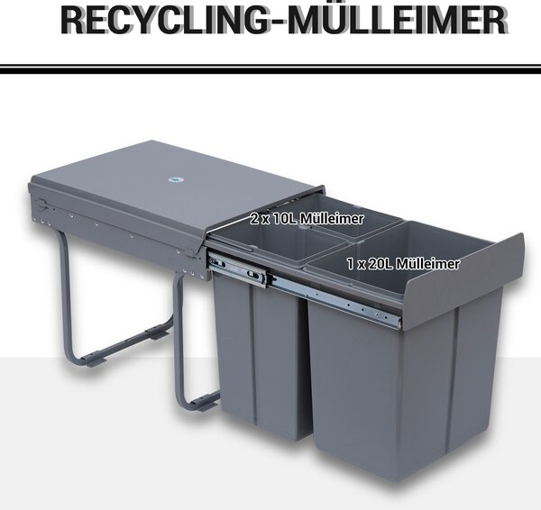 HOMCOM Systém na třídění odpadu 1 x 20L + 2 x 10L Vestavěný odpadkový koš se 3 oddíly Vytahovací systém pro třídění odpadu pro instalaci do spodní skř