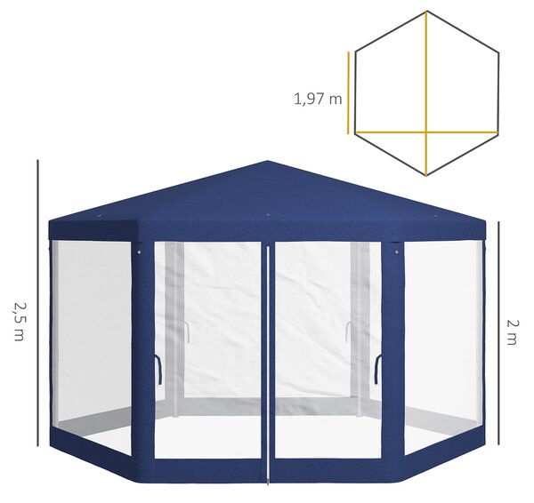 Outsunny Pavilon 4x3m Hexagonální Voděodolný Stabilní Zimní Odolný Pavilon s Moskytiérou, Party Stan, Zahradní Altán se 6 Bočními Panely pro Kempování