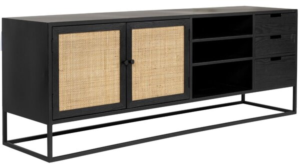 Černý lakovaný TV stolek s ratanovou výplní WLL GUUJI 150 x 38 cm