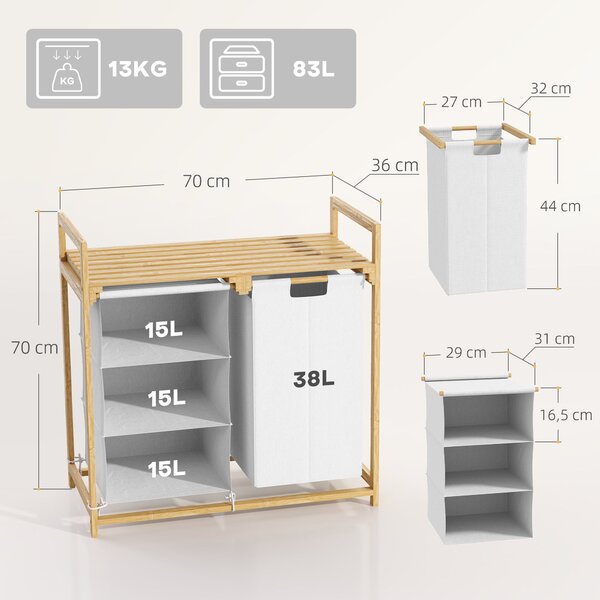 HOMCOM Prádelní Koš s 4 Přihrádkami, Bamboo Prádelní Koš 83L s 2 Vytahovacími a Odnímatelnými Textilními Taškami, Koš s Policí a Rukojetí 70 x 36 x 70