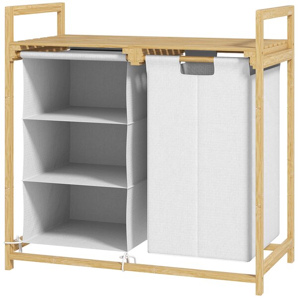HOMCOM Prádelní Koš s 4 Přihrádkami, Bamboo Prádelní Koš 83L s 2 Vytahovacími a Odnímatelnými Textilními Taškami, Koš s Policí a Rukojetí 70 x 36 x 70