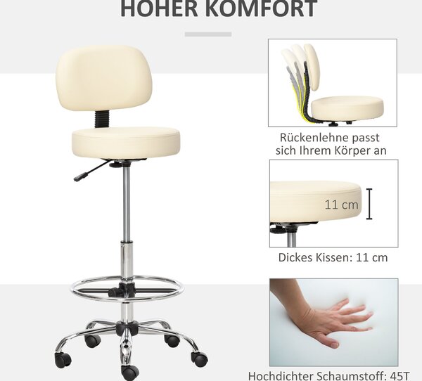 HOMCOM Barová židle otočná s regulací výšky a kolečky, vyrobená z umělé kůže, 360° otočná s opěradlem, čalouněná béžová 56 x 57 x 104-127 cm | Aosom
