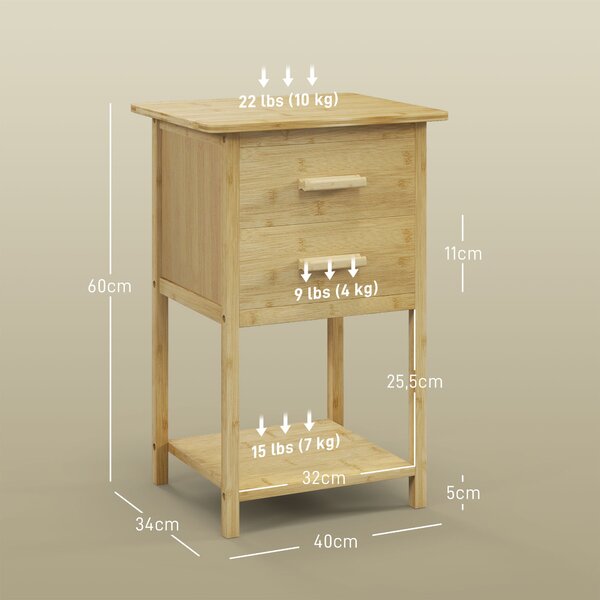 HOMCOM Sada nočních stolků 2 kusy, noční stolek s šuplíkem, policí, úchytkou, do ložnice, obývacího pokoje, přírodní, 40 x 34 x 60 cm | Aosom