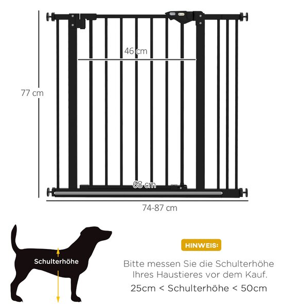 PawHut Ochranná brána pro schody s 7 cm prodloužením - Bez vrtání, brána pro šířky 74-87 cm, otočná na obě strany, kovová, černá | Aosom