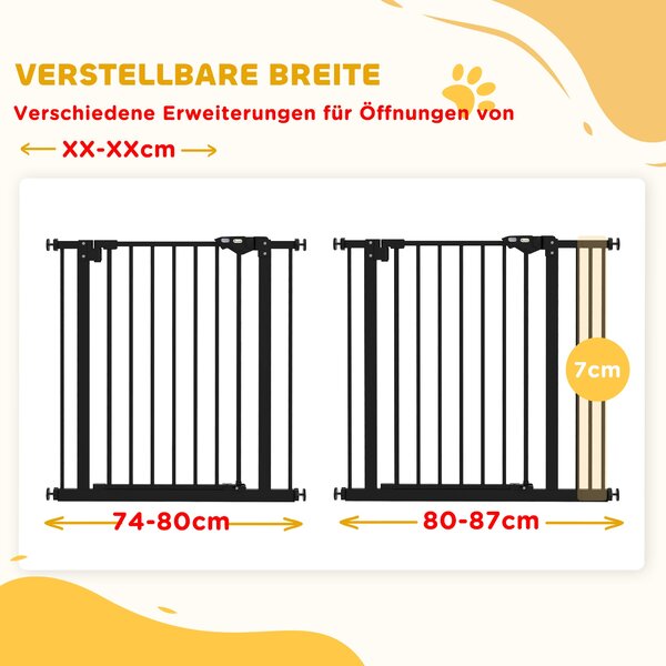 PawHut Ochranná brána pro schody s 7 cm prodloužením - Bez vrtání, brána pro šířky 74-87 cm, otočná na obě strany, kovová, černá | Aosom