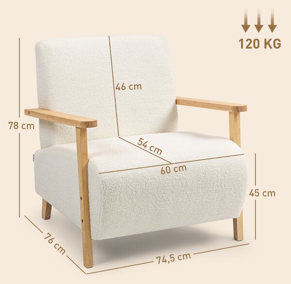 HOMCOM Křeslo s opěrkou, opěrkami, čalouněné lounge křeslo s efektem Sherpa, dřevěné nohy, pro ložnici, obývací pokoj, do 120 kg, krémově bílé | Aosom