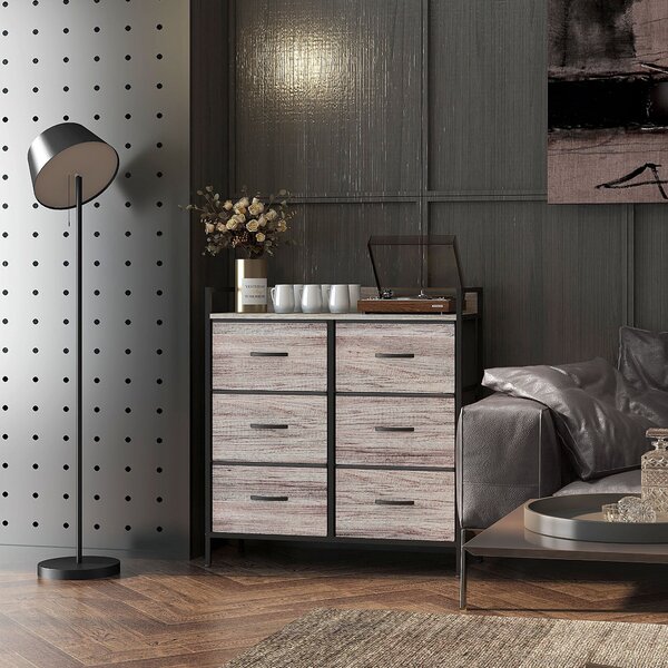HOMCOM Komoda se 6 textilními šuplíky, úložný skříň se dřevěným vzhledem, úchyty, ocelový rám, industriální design pro obývací pokoj Šedá | Aosom