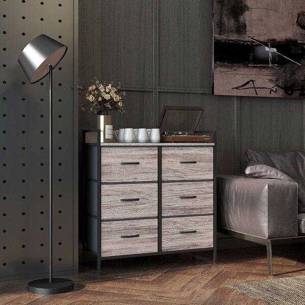 HOMCOM Komoda se 6 textilními šuplíky, úložný skříň se dřevěným vzhledem, úchyty, ocelový rám, industriální design pro obývací pokoj Šedá | Aosom