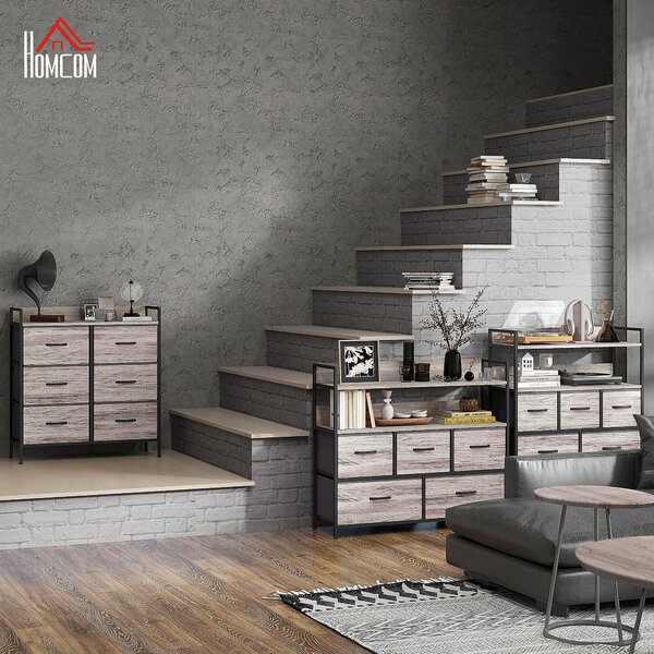 HOMCOM Komoda se 6 textilními šuplíky, úložný skříň se dřevěným vzhledem, úchyty, ocelový rám, industriální design pro obývací pokoj Šedá | Aosom