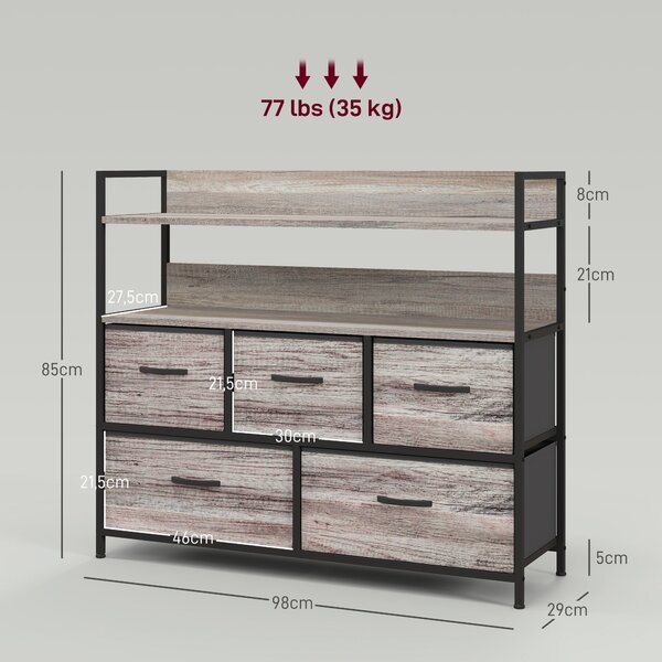 HOMCOM Komoda se 5 textilními zásuvkami, úložná skříň, prádelník se 2 policemi, ocelová konstrukce, industriální design pro obývací pokoj, ložnici - Š