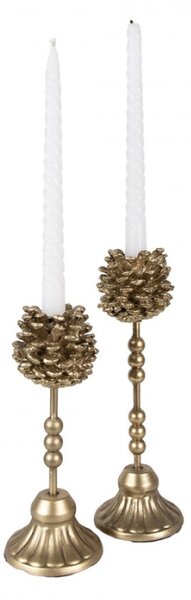 Set 2 zlatých svícnů na čajovou svíčku s dekorem šišky – 22/27 cm