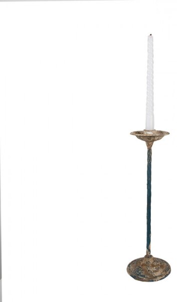 Modrý svícen s hnědou patinou a kalíškem na svíčku – 11x35 cm