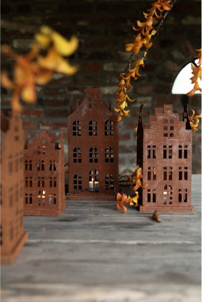 Dekorativní set dvou hnědých kovových domečků – 14x14x27 / 11x11x23 cm