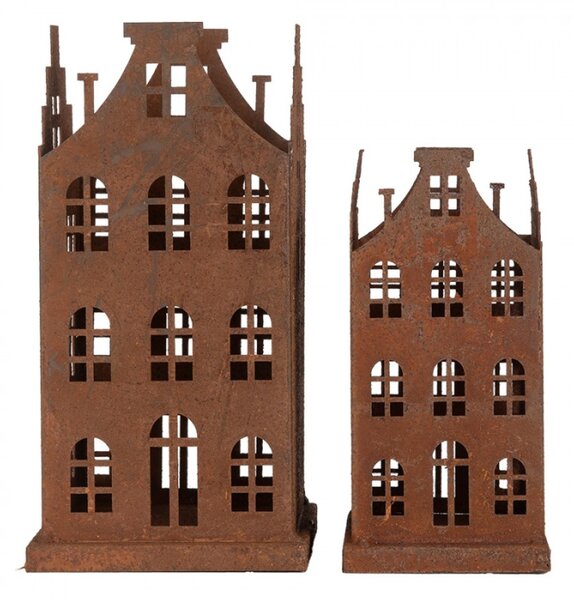 Dekorativní set dvou hnědých kovových domečků – 14x14x27 / 11x11x23 cm