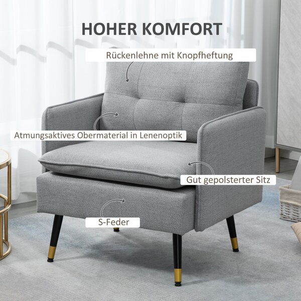 HOMCOM Čalouněné Křeslo s Polstrem, Lounge Pohovka v Lněném Vzhledu, Ocelové Nohy, pro Obývací Pokoj, Ložnici, Šedá, 76 x 68 x 80 cm | Aosom