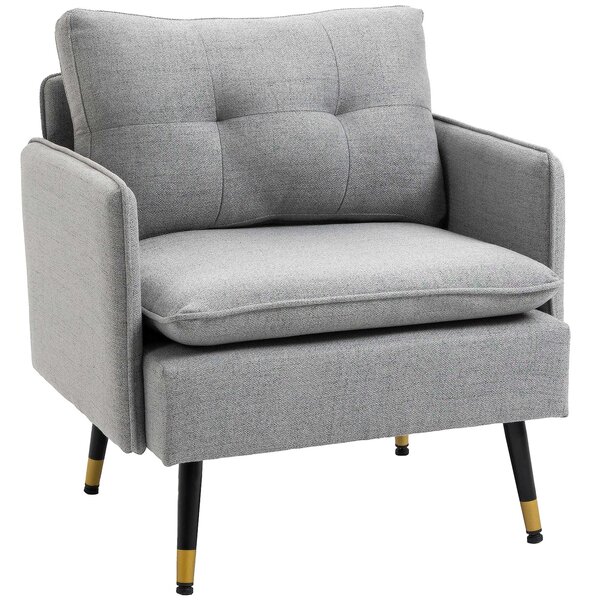 HOMCOM Čalouněné Křeslo s Polstrem, Lounge Pohovka v Lněném Vzhledu, Ocelové Nohy, pro Obývací Pokoj, Ložnici, Šedá, 76 x 68 x 80 cm | Aosom