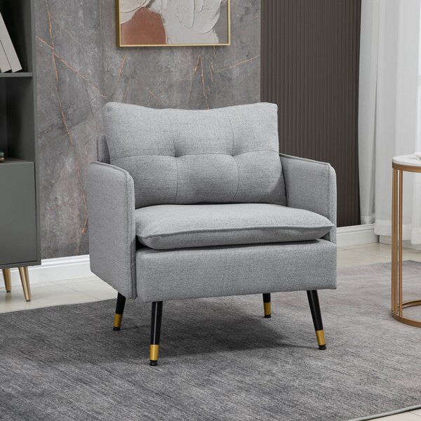 HOMCOM Čalouněné Křeslo s Polstrem, Lounge Pohovka v Lněném Vzhledu, Ocelové Nohy, pro Obývací Pokoj, Ložnici, Šedá, 76 x 68 x 80 cm | Aosom