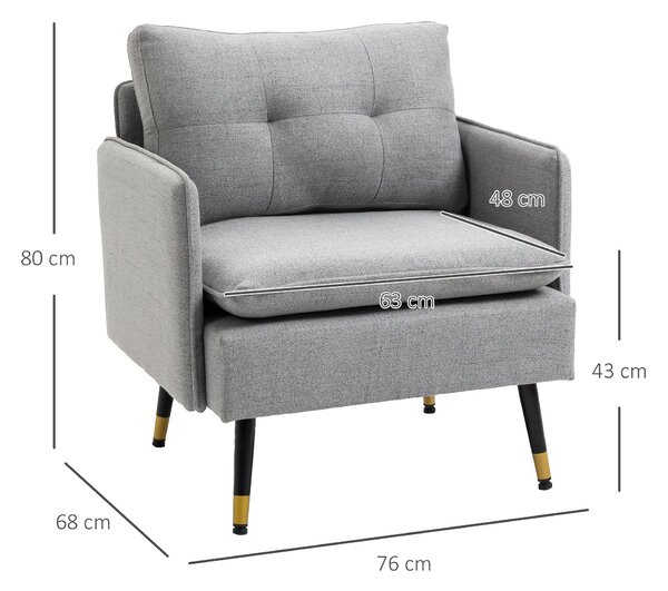 HOMCOM Čalouněné Křeslo s Polstrem, Lounge Pohovka v Lněném Vzhledu, Ocelové Nohy, pro Obývací Pokoj, Ložnici, Šedá, 76 x 68 x 80 cm | Aosom