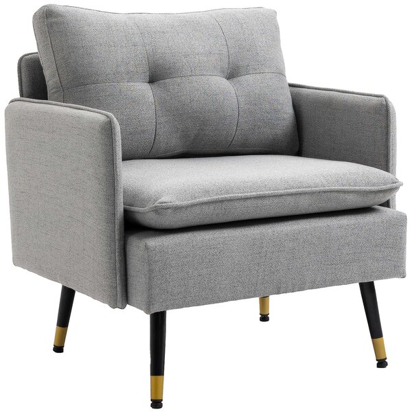 HOMCOM Čalouněné Křeslo s Polstrem, Lounge Pohovka v Lněném Vzhledu, Ocelové Nohy, pro Obývací Pokoj, Ložnici, Šedá, 76 x 68 x 80 cm | Aosom