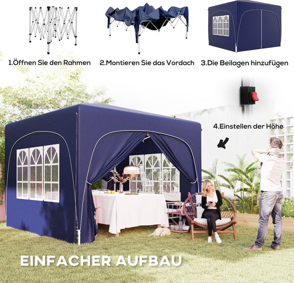 Outsunny Zahradní Altán 3x3m, Voděodolný Stabilní Zimní Pop-up Skládací Altán, UV Ochrana 50+, Skládací Party Stan Zahradní Altán s 4 Bočními Panely
