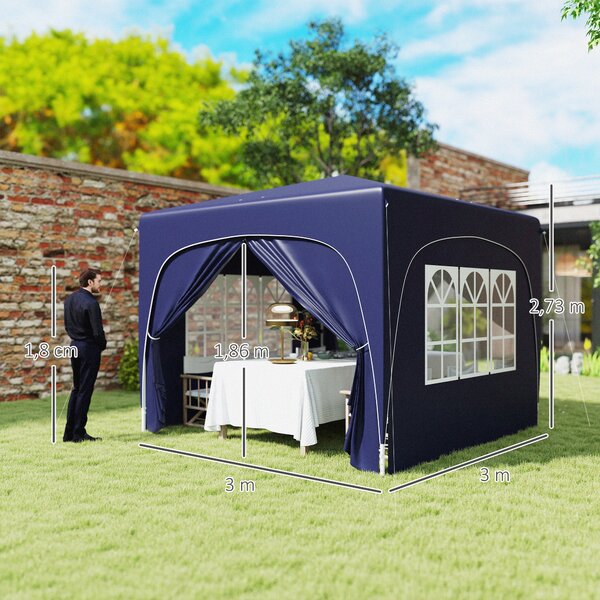 Outsunny Zahradní Altán 3x3m, Voděodolný Stabilní Zimní Pop-up Skládací Altán, UV Ochrana 50+, Skládací Party Stan Zahradní Altán s 4 Bočními Panely