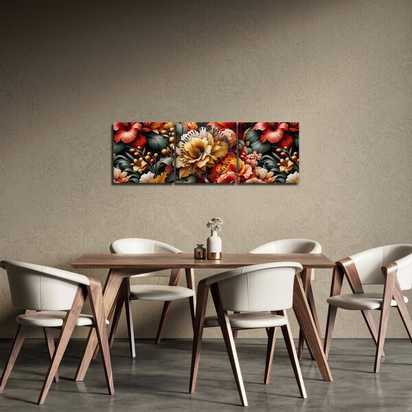 Obraz - Oranžovo-červené květy (s hodinami) (90x30 cm)
