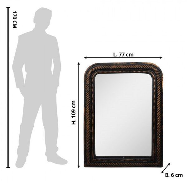 Velké zrcadlo ve zlato-černém rámu s patinou se zaoblenými horními rohy – 77x6x109 cm