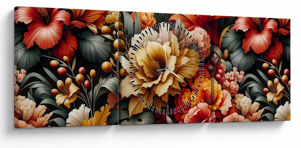 Obraz - Oranžovo-červené květy (s hodinami) (90x30 cm)