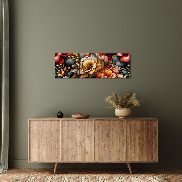 Obraz - Oranžovo-červené květy (s hodinami) (90x30 cm)