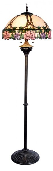 Stojací lampa Tiffany Prunellie růžovo zelená s motivem růží – 164 cm