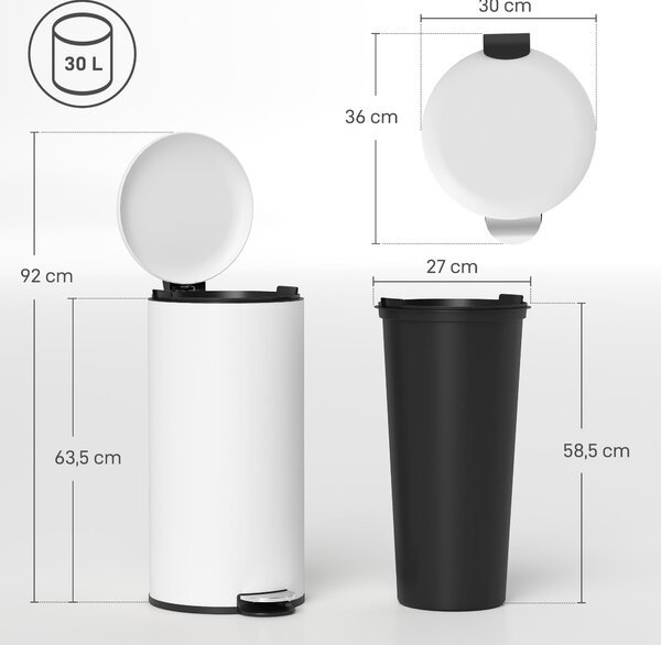 HOMCOM Koš na odpadky 30 L s pedálem a měkkým zavíráním víka, zahrnuje vnitřní kbelík, sběrač odpadu, pro obývací pokoj, kancelář, kov, krémově bílý