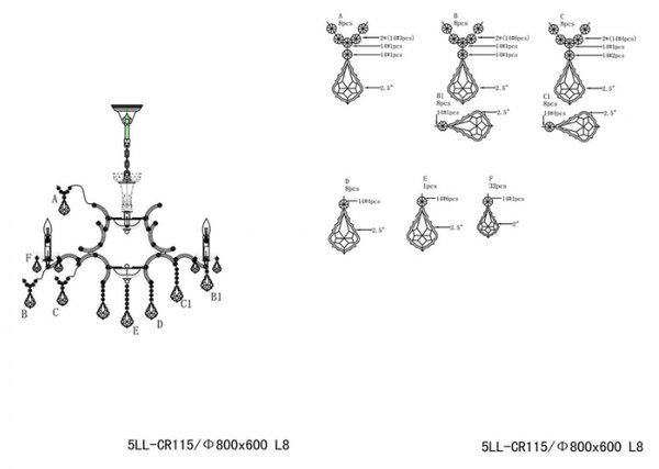 5LL-CR115 Lustr Stříbrný 80*60 cm E14/max 8*40W – 80x60 cm
