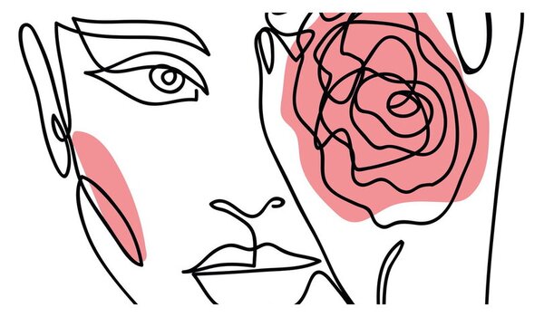 Obraz - Line art obličej s růží (170x50 cm)