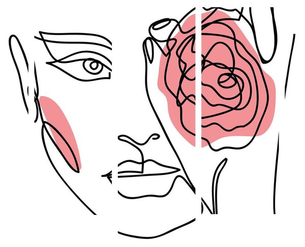 Obraz - Line art obličej s růží (210x100 cm)