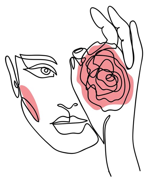 Obraz - Line art obličej s růží (30x30 cm)