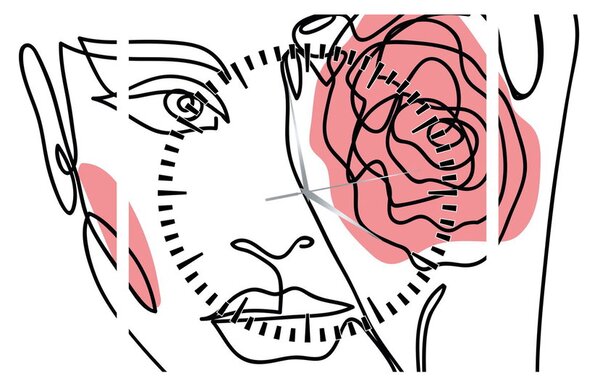 Obraz - Line art obličej s růží (s hodinami) (90x30 cm)